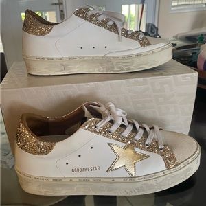 Golden Goose Hi Star white leather and gold glitter